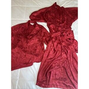 Miss Elaine Satin 3 Piece Pajama Set Red Size Small Collar Button-up pants Robe
